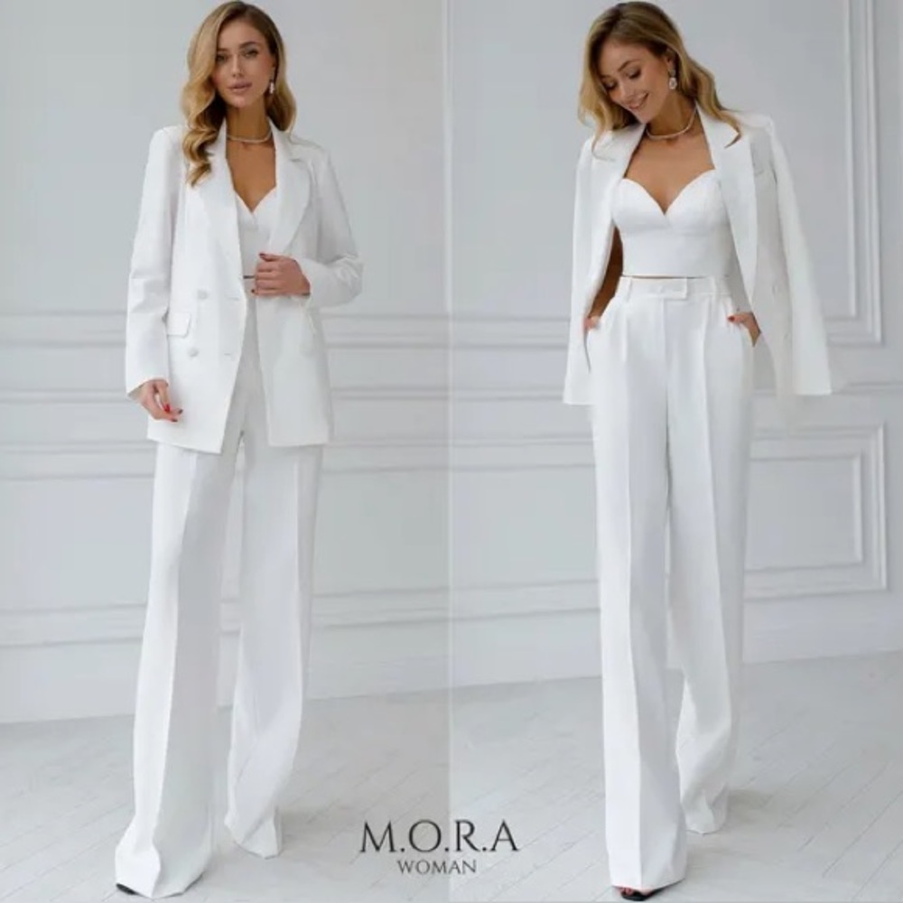 White Women’s Formal Double Breasted Blazer Suit, Elegant Bridal, Workwear Suit